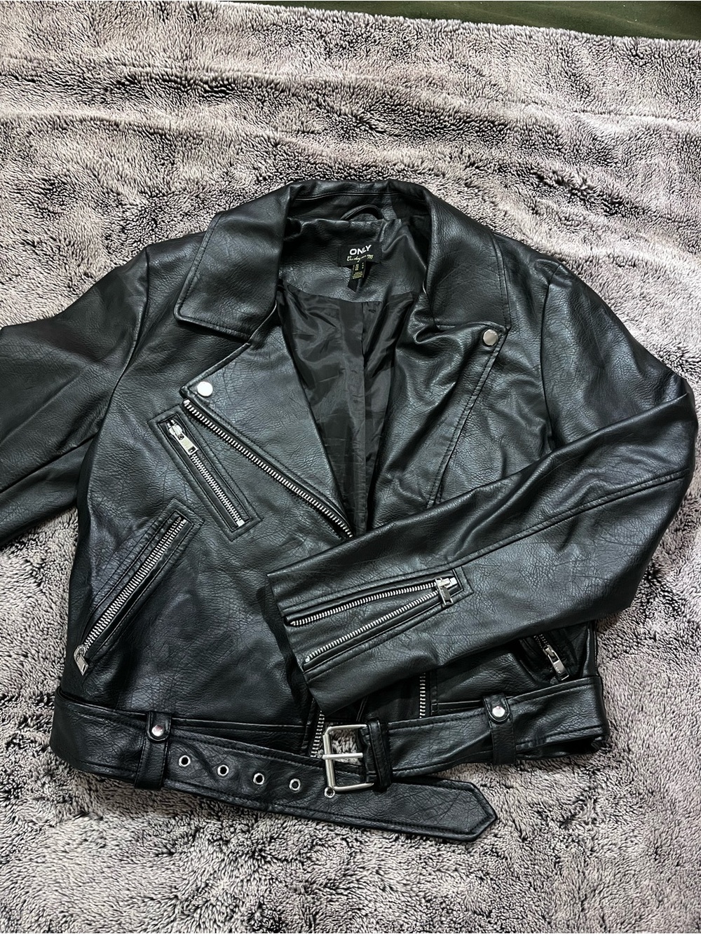Only Black Faux Leather Biker Jacket with Belt